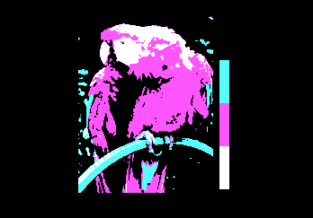 Photo of a parrot reduced to the black-cyan-magenta-white 4-color palette of the 1980s CGA graphics card
from https://commons.wikimedia.org/wiki/File:Screen_color_test_CGA_4colors_Mode4_Palette1_HighIntensity.png